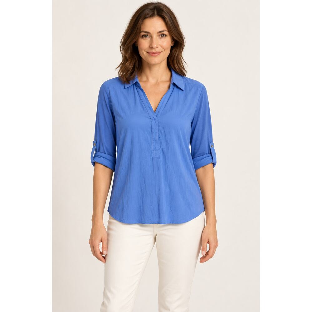 Ann Taylor Blue Mixed Media Popover Roll Tab Sleeves Size S